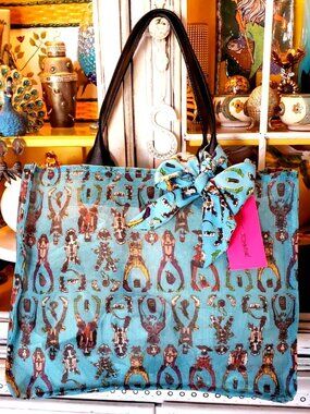 Betsey Johnson Paper Dolls Handbag Mesh Dress Up Print with Scarf Beach Bag Tote
